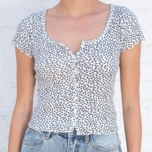 Brandy Melville Floral Button Up Baby Tee Crop Top Womens OS White/Blue Coquette